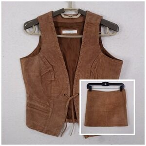 Liquid Vest Skirt Set Womens 10 Brown Suede Whipstitch Western Boho 2 Piece